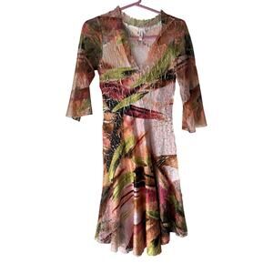 LINDI Dress Womens Small‎ Mesh Sheer Crinkle Boho Y2k Flare Sleeve Retro